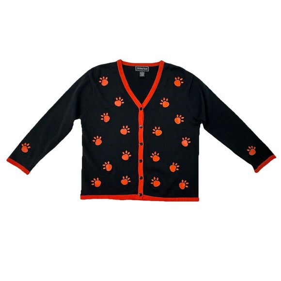 Terazzo Women’s Large Black Cardigan Paw Print Sweater Orange Trim Dog Cat - Picture 4 of 13